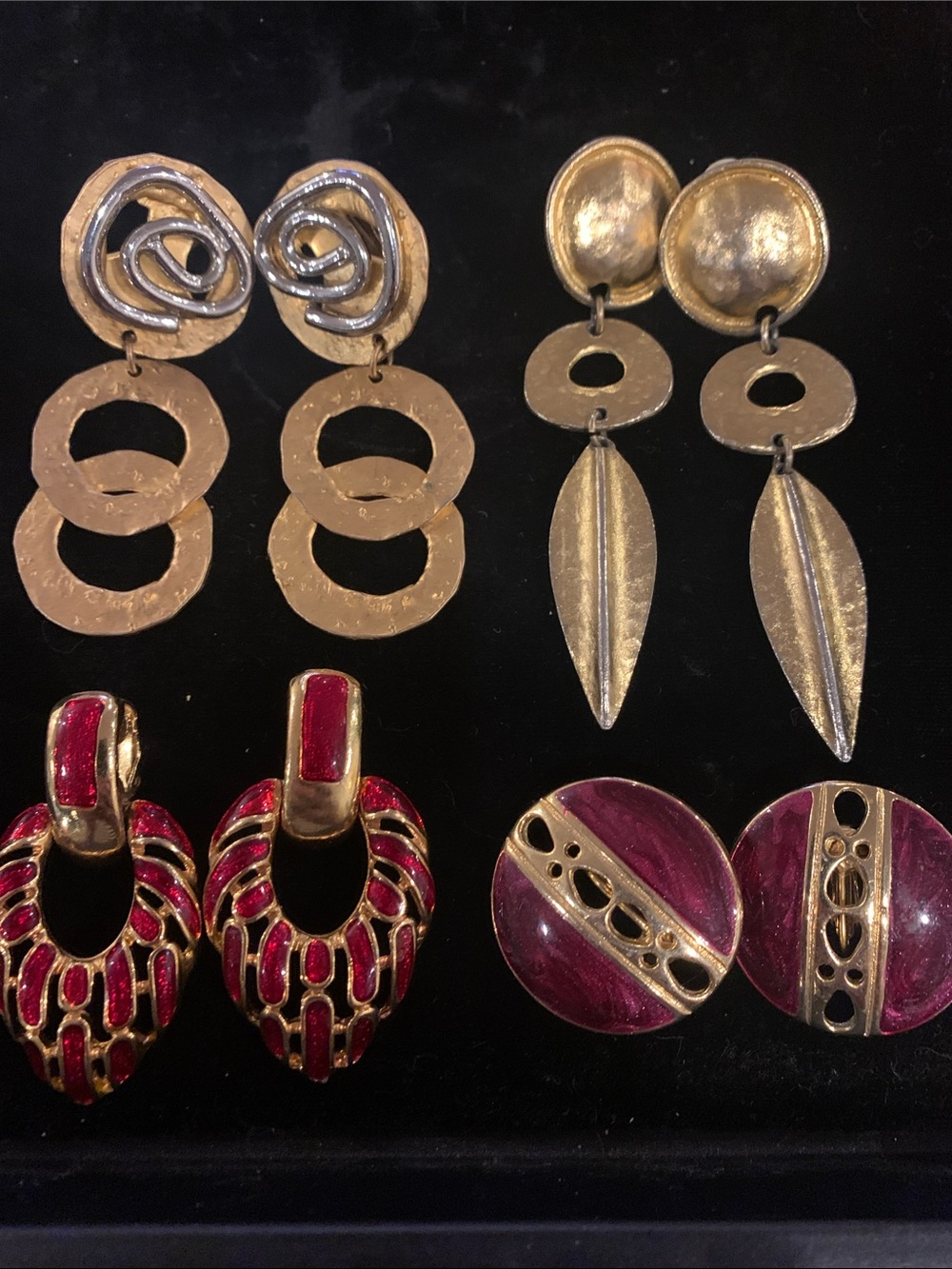Vintage 1980’s Gold and Burgundy Statement Clip-On Earrings - Unbranded